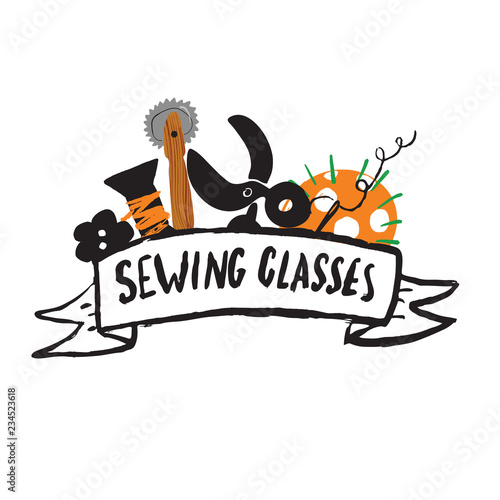Sewing classes. Hand drawn inscription in ribbon with different sewing supplies. Isolated on white.