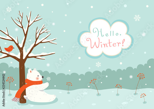 Winter background with white bear and bird