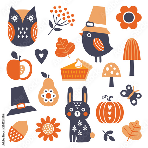 Cute set of vector icons and elements for Fall and Thanksgiving, Scandinavian style, isolated on white. Funny bird in Pilgrim hat, owl, bunny, pumpkin and flowers for decals, stickers, tags and web.