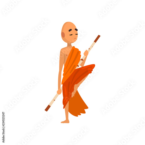 Buddhist monk cartoon character training with wooden stick in orange robe vector Illustration on a white background