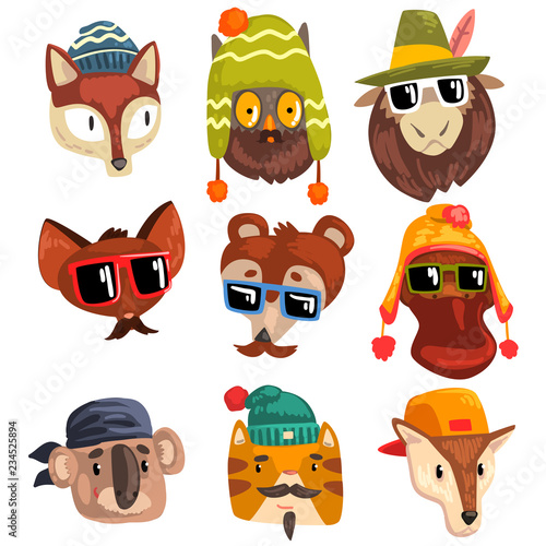 Animals wearing hipster hats and sunglasses, animal portraits cartoon vector Illustration on a white background