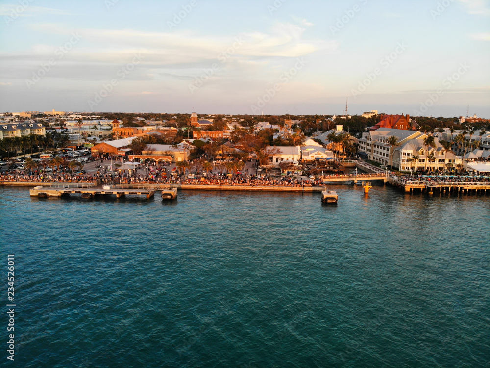 KEY WEST, FL, USA - APRIL 23, 2018: Beautiful drone aerial image of sunset from Mallory Square in Key West on the south of Florida
