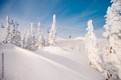 Snowy landscape Sheregesh, Kemerovo region, ski resort with cabin lift
