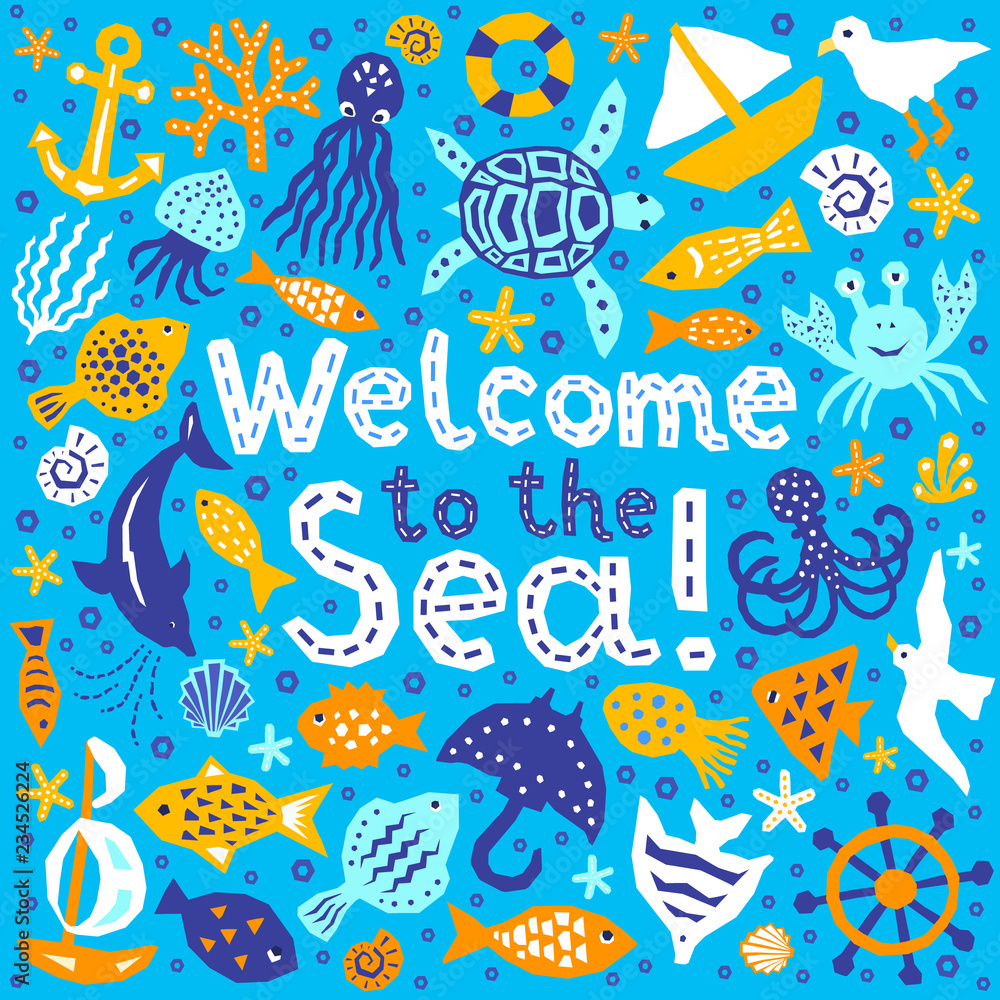 Paper cutout marine style kids design element set. Welcome to the Sea lettering phrase. Funny cartoon doodle fish, octopus, gull, shell, calmar, starfish, jellyfish, guitarfish vector illustration Paper cutout marine style kids design element set. Welcome to the Sea lettering phrase. Funny cartoon doodle fish, octopus, gull, shell, calmar, starfish, jellyfish, guitarfish vector illustration