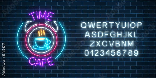 Neon sign of time-cafe with coffee cup in clock with alphabet. Glowing symbol of anti-cafe with text.