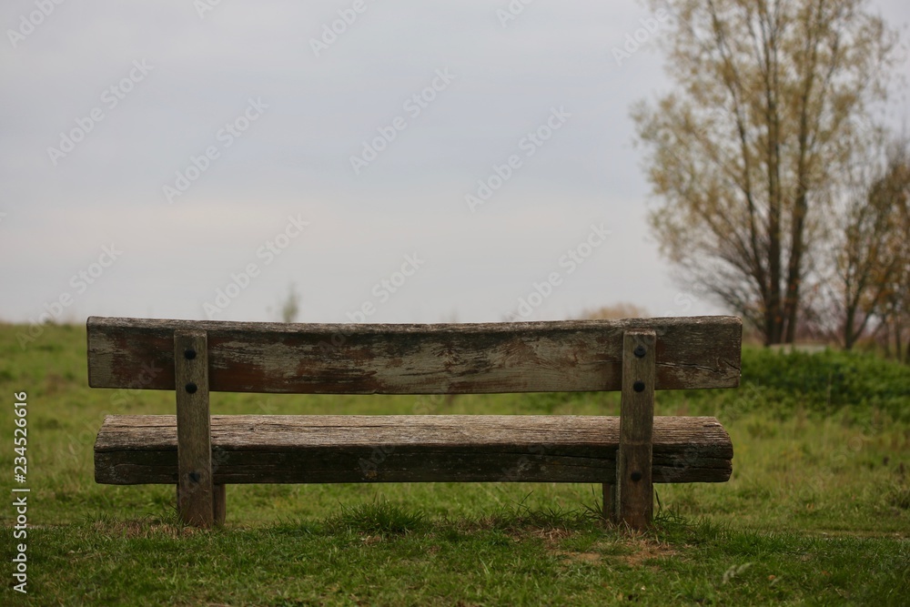 Holzbank zum ausruhen für Picknick vor Wiese mit viel Horizont Holzbank zum ausruhen für Picknick vor Wiese mit viel Horizont