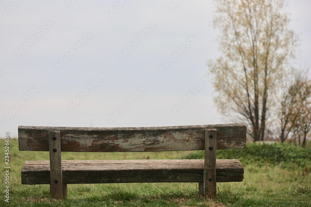 Holzbank zum ausruhen für Picknick vor Wiese mit viel Horizont