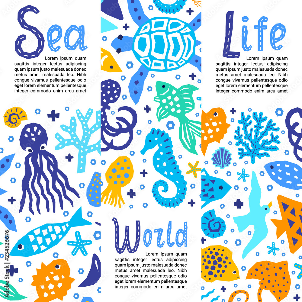 Sea world Cutout marine style kids design element paper flyers. Lettering titles Sea, World, Life. Vector funny cartoon doodle background of fish, octopus, gull, shell, calmar, starfish, jellyfish, gu