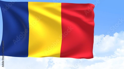 romania flag in motion with sky and moving clouds behind. 3D rendering