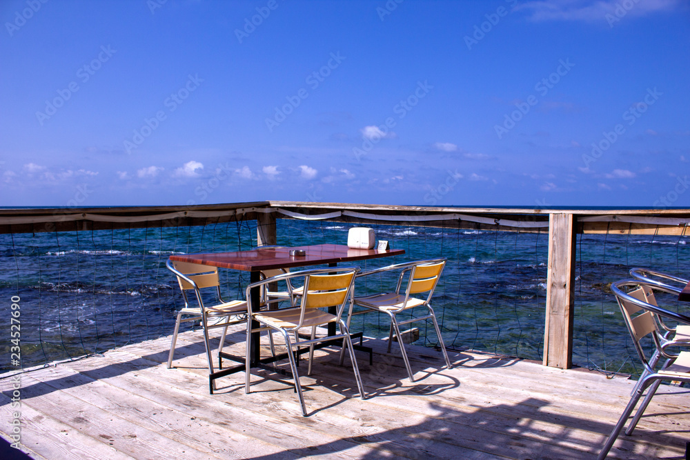 Table in an outdoor cafe on the Mediterranean in Tyre. Lebanon