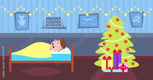 man sleep in bad living room decorated interior merry christmas happy new year holidays concept fir tree gift boxes horizontal flat