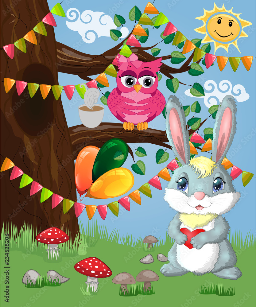 Naklejka premium Bunny with a heart in a forest glade. Spring, love, postcard