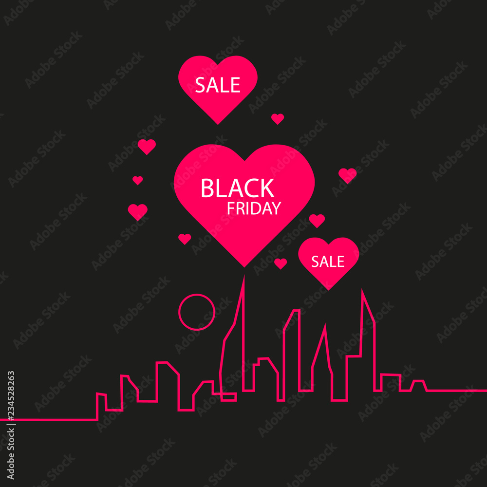 Black Friday in the City the Perfect Sale. White Ribbon Banner in Flat Style on a Black Background with an Abstract City Skyline and heart and text love. Vector Illustration