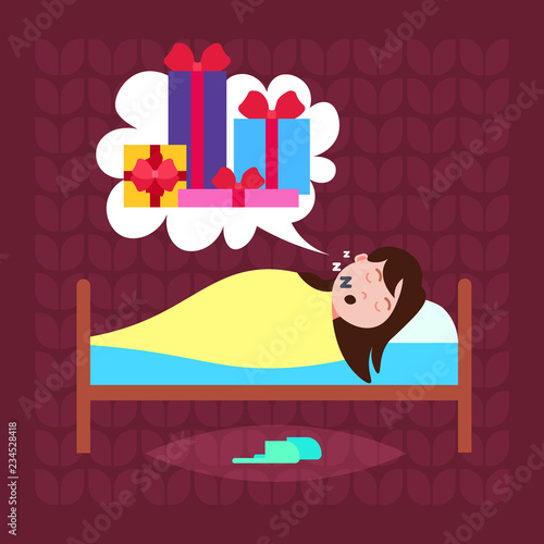 woman sleep in bad dream bubble gift box present merry christmas happy new year holidays concept flat