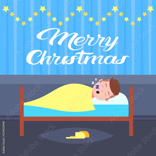 man sleep in bad living room decorated interior merry christmas happy new year holidays concept flat