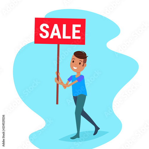 african american man holding sale board special offer discount promotion concept flat male cartoon character full length © mast3r