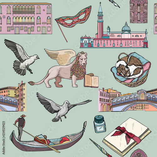 Seamless pattern with Venice landmarks and tourist attractions set.