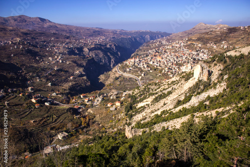 A view of Bcharre, a town in Lebanon high in the mountains on the edge of the Qadisha Gorge. Lebanon.