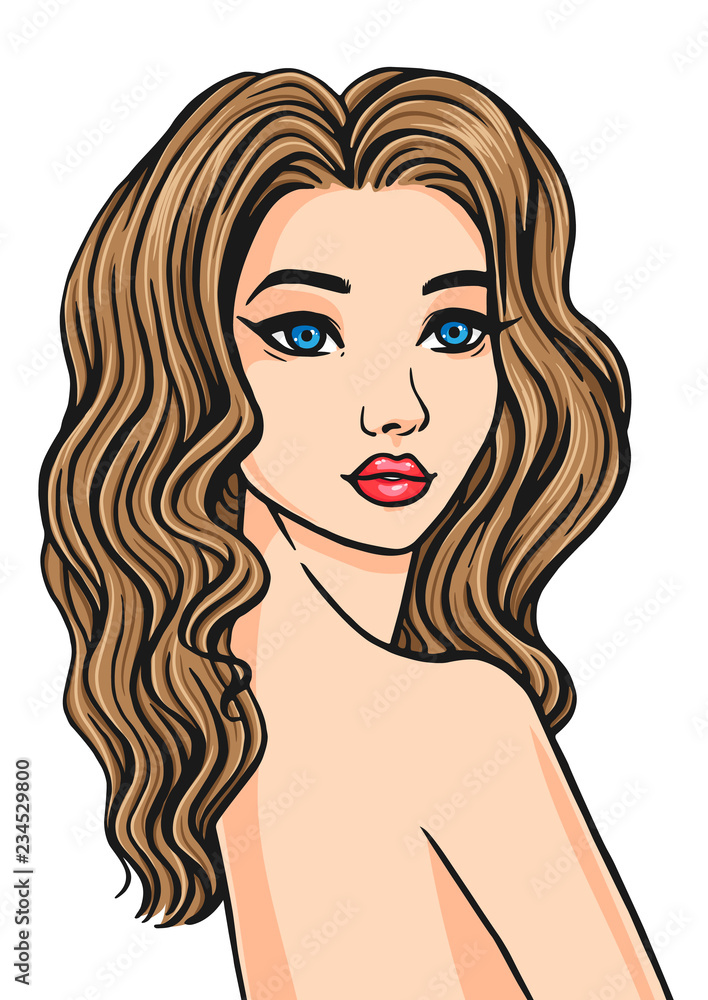 Beauty portrait of attractive curly hair naked no makeup woman with healthy skin and fresh look, vector illustration in pop art style.