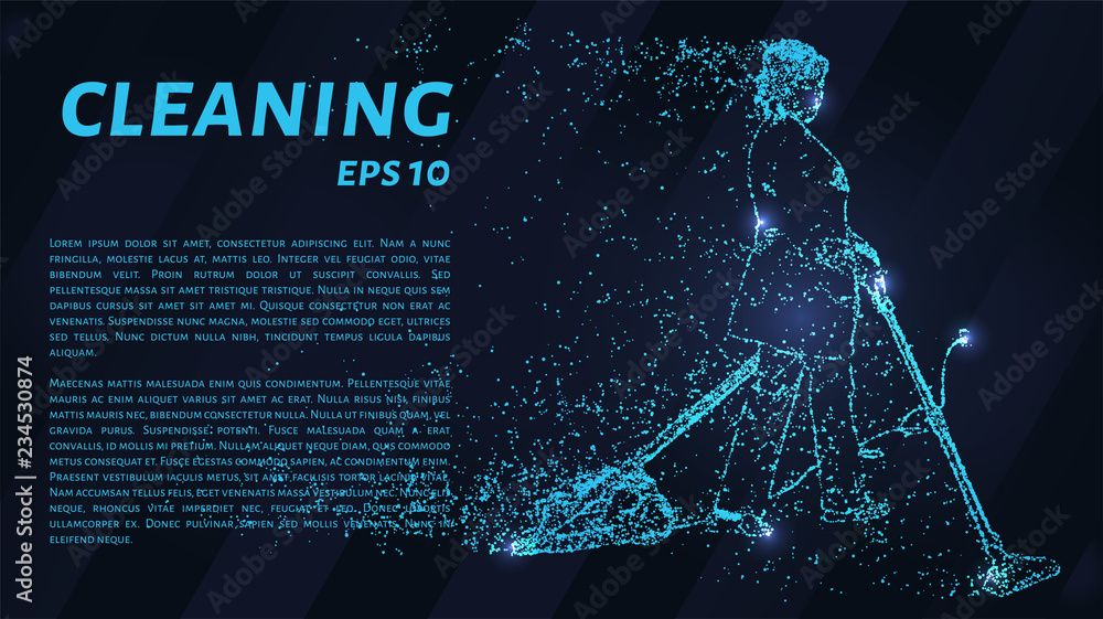 Obraz premium Cleaning of blue glowing dots. The cleaning lady with the vacuum cleaner.