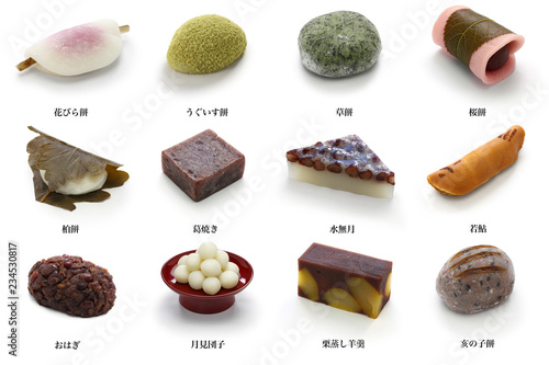 various wagashi, Japanese traditional sweets for tea ceremony 