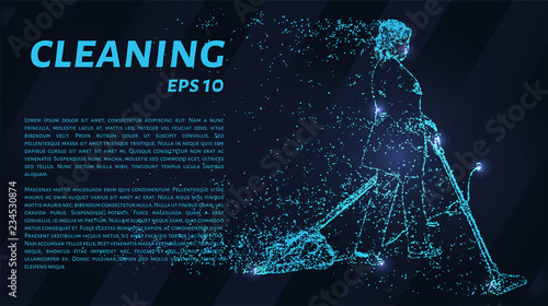 Cleaning of blue glowing dots. The cleaning lady with the vacuum cleaner.