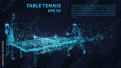 Table tennis of blue glowing dots. Tennis players play the match.