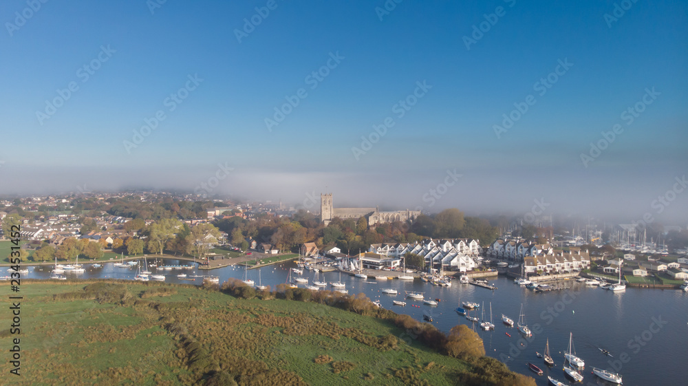 Aerial view of a marina and a town