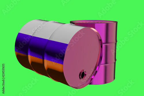 Two Metal Industrial Oil Barrels with Russian flag 3D rendering photo