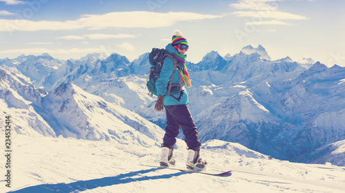  Woman, snowboard winter, rides, goggles, elbrus