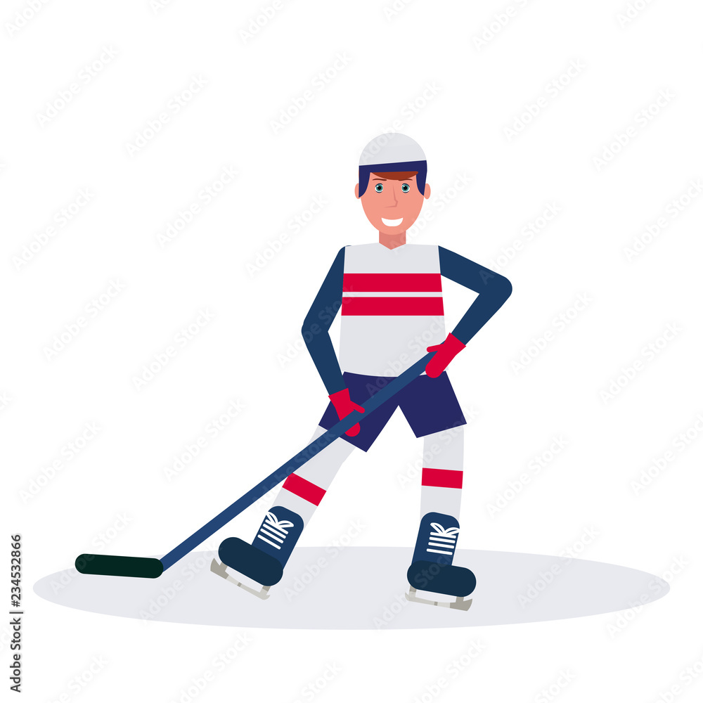 Obraz premium joyful ice hockey player holding stick skating goal celebrating concept male cartoon character full length flat isolated