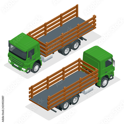 Isometric flatbed truck template isolated on white on white. Vehicle branding mockup. Flatbed truck vector mock-up.