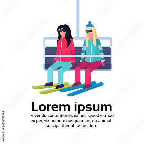 women couple skiers on chairlift ski resort extreme tourism concept flat isolated copy space