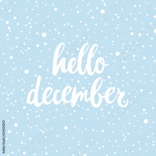 Hello december poster, card. Vector hand drawn illustration with text and snow on blue.