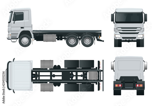 Truck tractor or semi-trailer truck Combination of a tractor unit and one or more semi-trailers to carry freight. Side, front, back, top view. Side, front, back, top view.