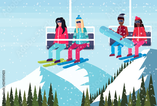 mix race couples skiers on chairlift ski resort extreme tourism concept winter snowy mountains forest landscape background flat horizontal