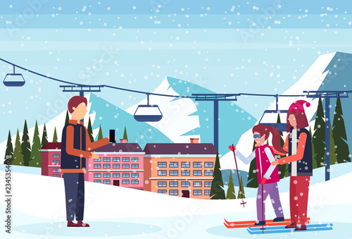 man taking photo skiers couple ski resort hotel houses buildings cable car chairlift snowy mountains fir tree landscape winter vacation flat horizontal