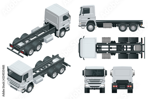 Truck tractor or semi-trailer truck. View front, rear, side, top and isometric front, back. Cargo delivering vehicle template vector isolated on white