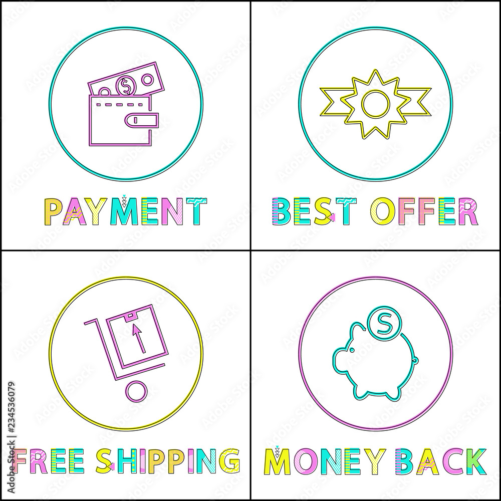Online payment, best offer and pay back icons