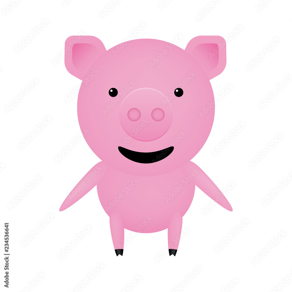 Happy pink pig. Symbol of the year 2019. Character pet. Vector drawing.