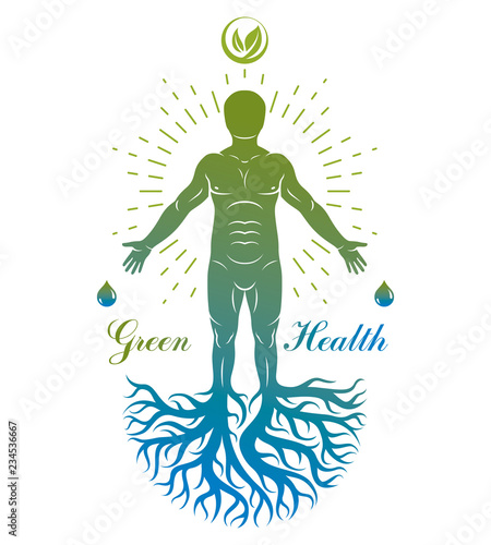 Vector illustration of individual, mystic character composed with tree roots and leaves. Vegetarian lifestyle concept.