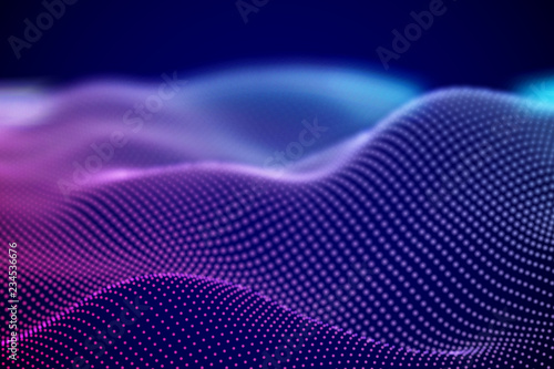 Abstract digital landscape or soundwaves with flowing particles. Big data technology background. Visualization of sound waves. Virtual reality concept: 3D digital surface. EPS 10 vector illustration.