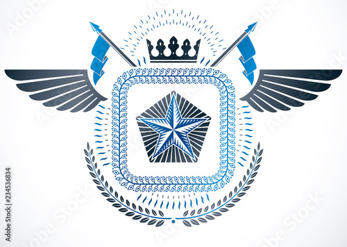 Winged retro vintage Insignia made with vector design elements like royal crown, pentagonal stars and laurel wreath