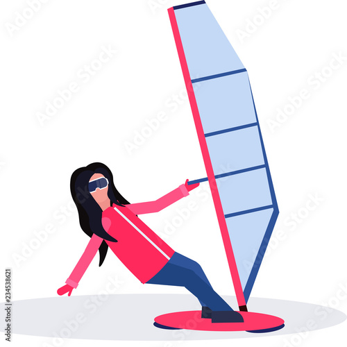 woman windboarder holding sail girl windboarding windsurfing on snow concept extreme winter sport female cartoon character full length flat isolated photo