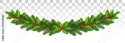 Long garland of spruce branches, holly and red berries. Festive wide decor. Panorama. vector.Eps 10.
