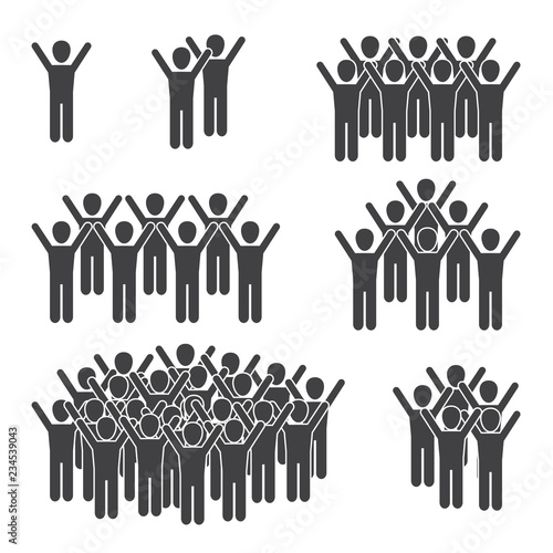 Shouting and dancing group of people on white background icon