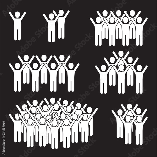 Shouting and dancing group of people on black background icon