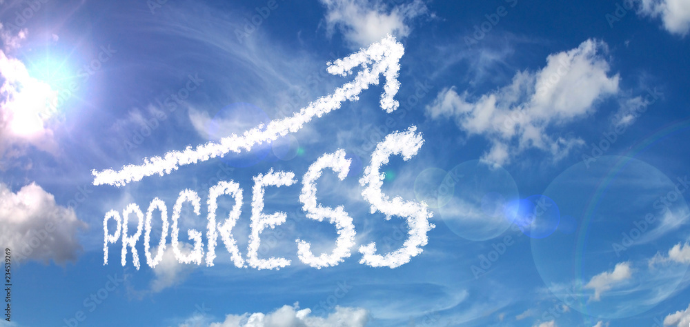 Painted clouds on a blue background with white clouds and sun flares - PROGRESS inscription with arrows