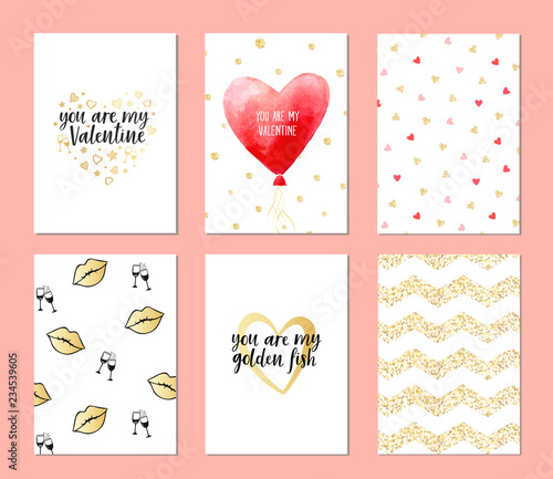 Set of cards for valentine's day. Hand drawn February 14 posters. Greeting vector card for Valentine's Day with lettering. Pattern with color hearts Gold elements. 