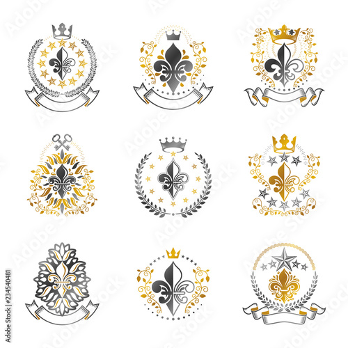 Royal symbols Lily Flowers emblems set. Heraldic vector design elements collection. Retro style label, heraldry logo.